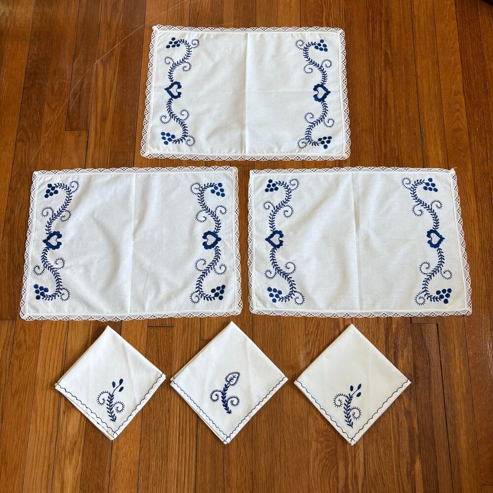 Vintage Portugal White Cotton Placemats Napkins Set Blue Embroidery